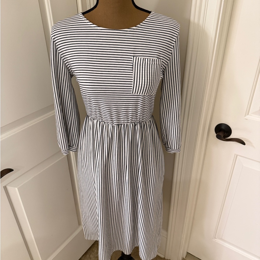 Merokeety 3/4 balloon sleeve striped midi dress with pockets